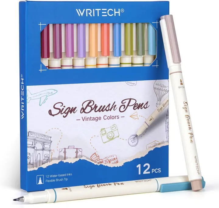 WRITECH Arts Sign Brush Pen Set — 12 Water-Based Vintage Shades